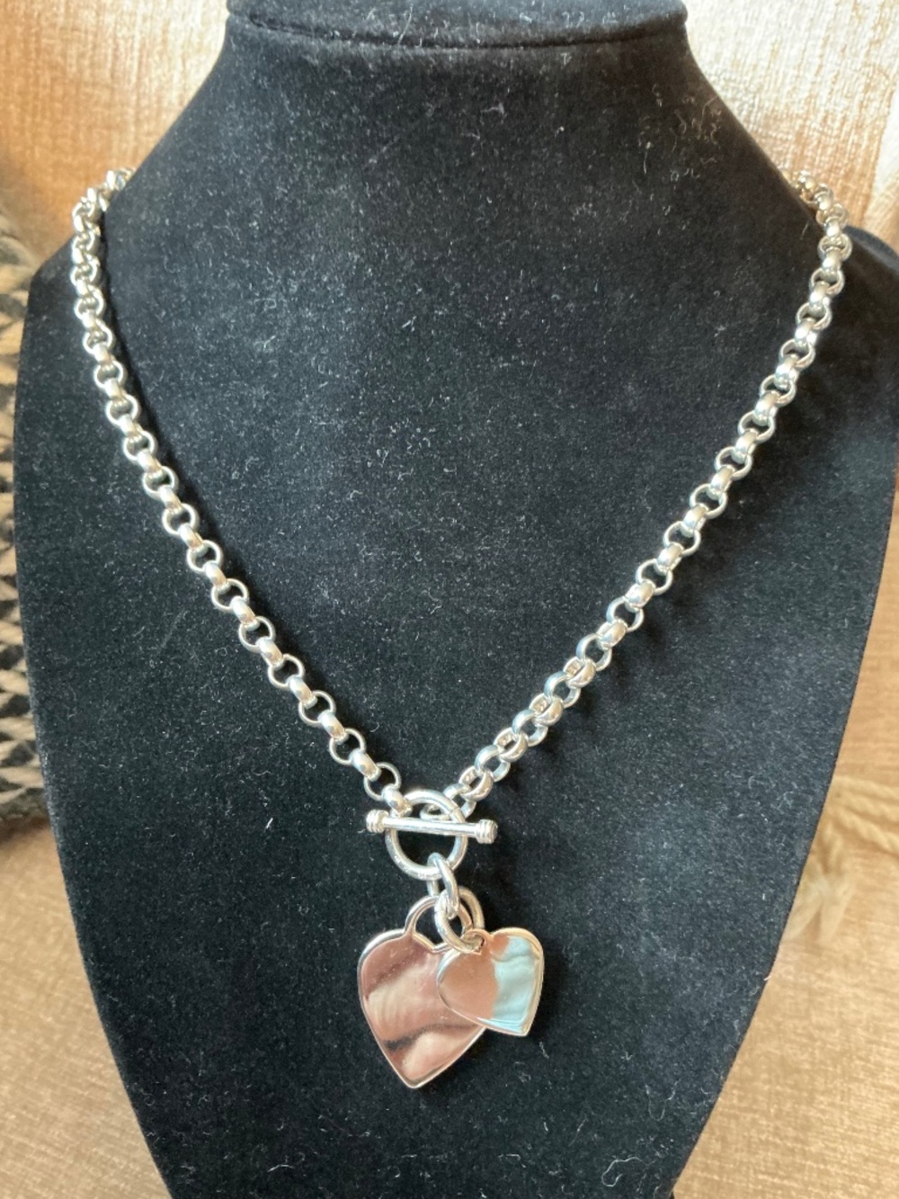 Vintage sterling silver 19” toggle double heart necklace